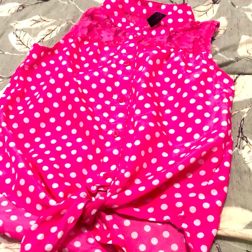 Pink and white polka dotted and knotted lace top